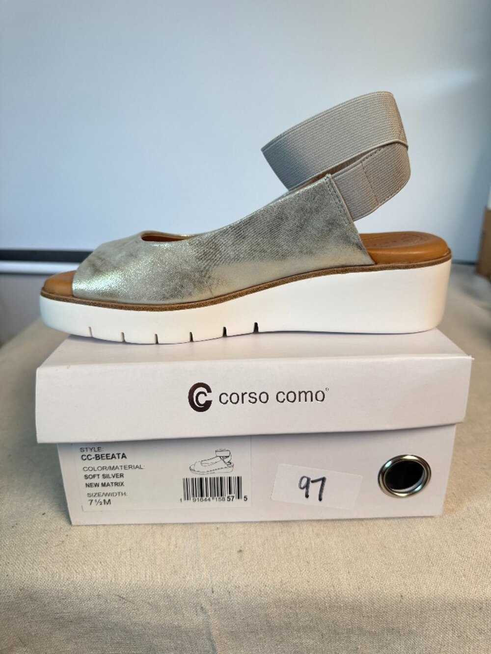 7.5 Corso Como Beeata Silver Leather Slingback Gray Ankle Strap Wedge Sandals